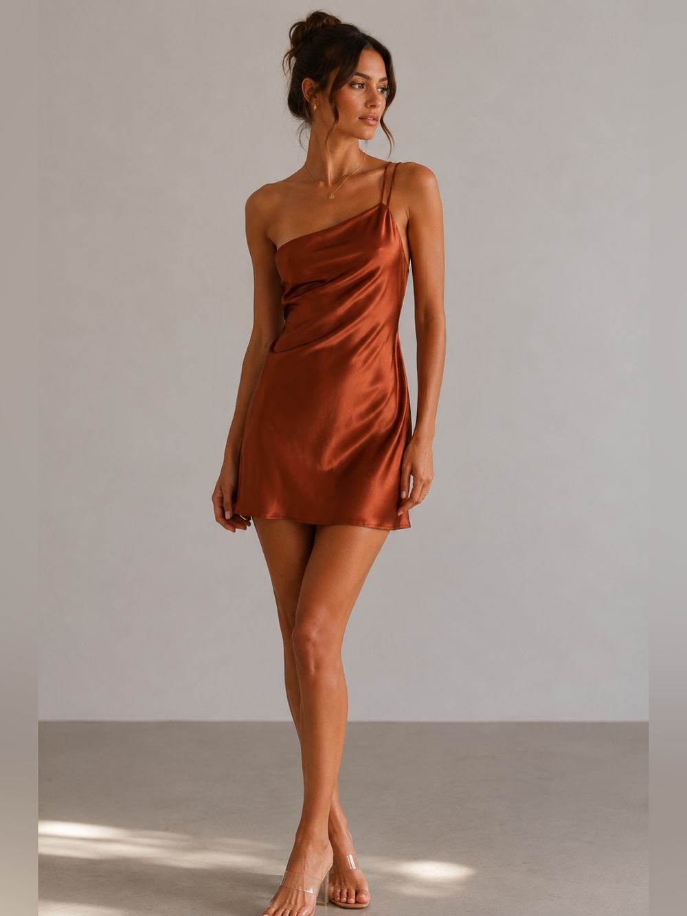Aritzia Beige Botany Satin Asymmetrical One Shoulder Mini Dress – Copper – S